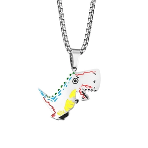 Cartoon dinosaur pendant necklace with colorful geometric patterns on a silver box chain