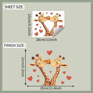 Detailed size chart for cartoon giraffe wall decals with hearts on a green background