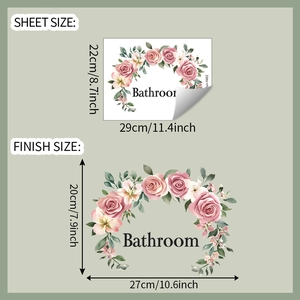 Detailed dimension guide for pink floral bathroom wall sticker showing sheet and finish sizes