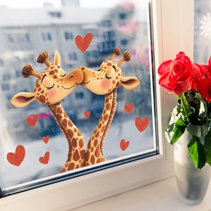 Cartoon Couple Kissing Giraffes Heart Window Stickers PVC Waterproof Glass Decals For Home Living Room Bedroom Decoration