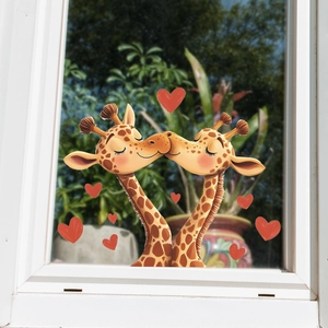 Cartoon giraffe couple window stickers with red hearts for home glass decoration