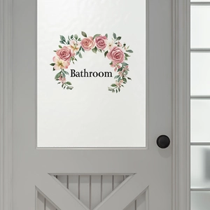 Pink rose floral wall sticker with Bathroom text for bathroom glass door decor