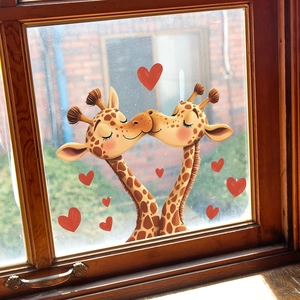 Cartoon kissing giraffes and red hearts glass window stickers for home decor