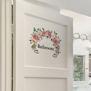 Self-adhesive floral bathroom door sticker with pink roses and elegant black lettering