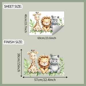 Détail des stickers animaux avec dimensions de la planche et taille de finition réelle