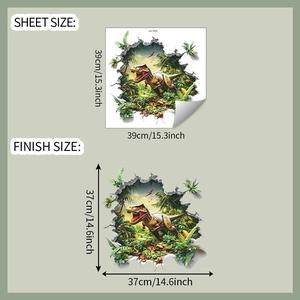 Detail showing 3D T-Rex wall sticker dimensions with sheet and finish size layout