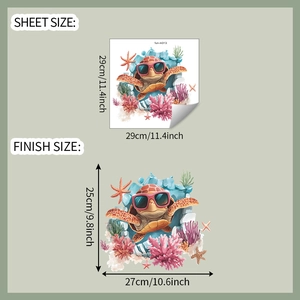 Dimensions détaillées de la planche et du rendu pour sticker de toilette tortue marine