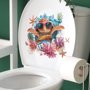 Sticker 3D tortue marine avec corail pour décoration de couvercle de toilette WC