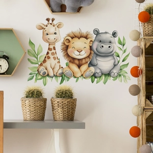 Stickers muraux animaux avec girafe, lion et hippopotame à l'aquarelle pour la chambre