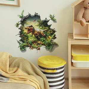 3D realistic wall sticker featuring a T-Rex breaking through a wall in a forest scene