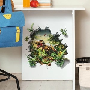 3D wall sticker featuring a T-Rex dinosaur breaking through jungle wall for home decor