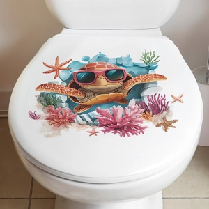 Sticker 3D abattant WC tortue de mer et corail avec étoiles de mer pour salle de bain