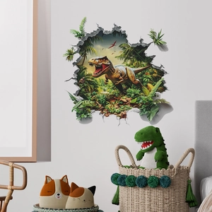 3D T-Rex wall decal crashing through a wall with tropical forest background for decor