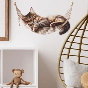 Kreativer Wandaufkleber mit einer schlafenden Katze in einer Hängematte für die Deko