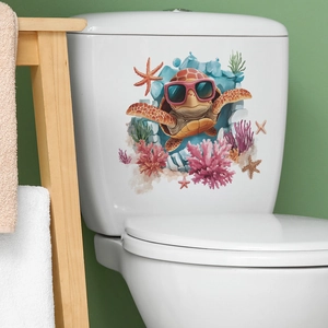 Sticker de réservoir WC tortue de mer avec lunettes de soleil, coraux et étoiles de mer