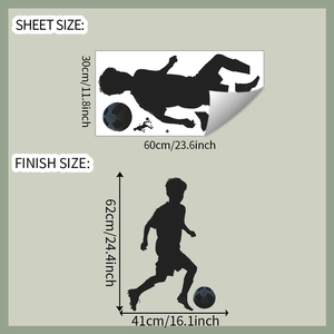 Detailed sheet size and finish dimensions for a soccer boy dynamic wall decal sticker