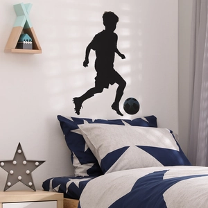 Soccer boy silhouette wall decal for kids bedroom with black vinyl football sticker decor