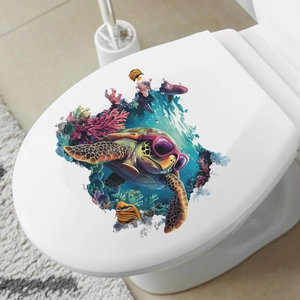 Cartoon sea turtle and coral toilet lid sticker for bathroom home wall decoration