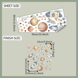 Detailed dimension guide for space bear wall stickers with planets and rocket sizes