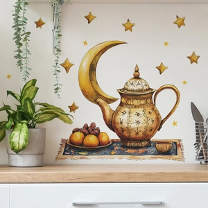 Ramadan Moon Teapot Stars Wall Sticker Watercolor Arabic Eid Decor PVC Decal For Living Room Bedroom Kitchen Home Decoration