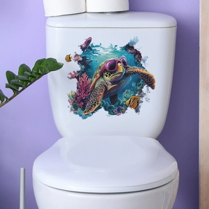 Watercolor sea turtle and coral toilet sticker for underwater theme bathroom decoration