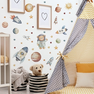 Cartoon astronaut bear and watercolor space rockets wall stickers for kids nursery room