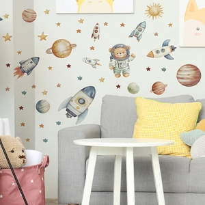 Cartoon space astronaut bear and colorful planets wall stickers for children nursery decor