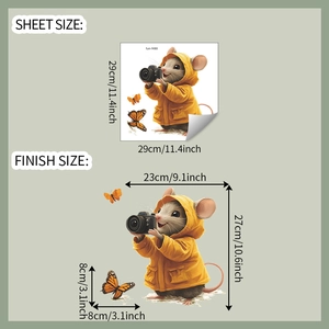 Detailed sheet size and dimensions for cartoon mouse wall sticker with camera and butterflies