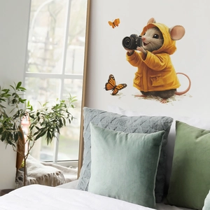 Cartoon mouse in yellow raincoat with camera and butterflies wall sticker for nursery decor
