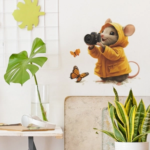 Cartoon mouse with camera and butterflies wall sticker for home decor nursery setup