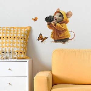 Cartoon mouse in yellow raincoat with camera and orange butterfly wall stickers for home decor