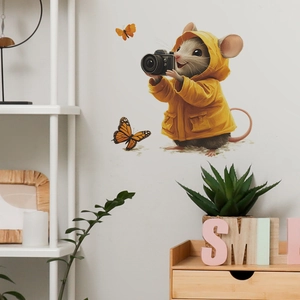 Cartoon mouse with camera and butterfly wall sticker for home bedroom decoration