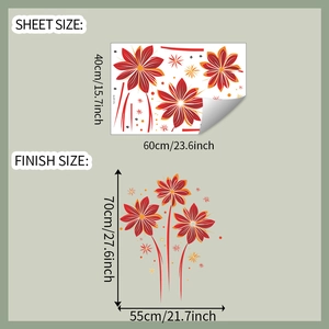 Detail showing red floral wall stickers dimensions with sheet size 40x60cm and finish size