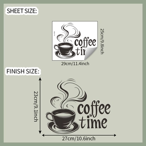 Detail showing coffee cup wall sticker layout and dimensions in inches and centimeters