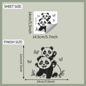 Detail view of panda wall sticker showing sheet size 14.5x14cm and finish size 14x12cm