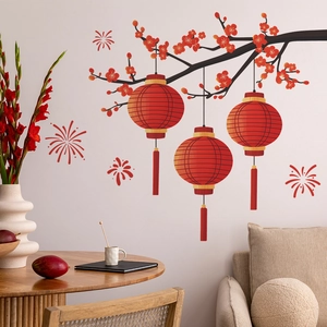Sticker mural du Nouvel An chinois avec lanternes rouges, fleurs de prunier et feux d'artifice