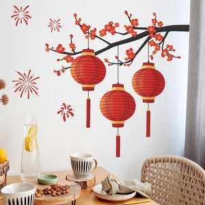 Stickers muraux festifs du Nouvel An chinois avec lanternes rouges et fleurs de prunier