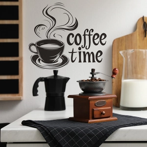 Minimalist black coffee time wall decal featuring a steaming cup for kitchen decor