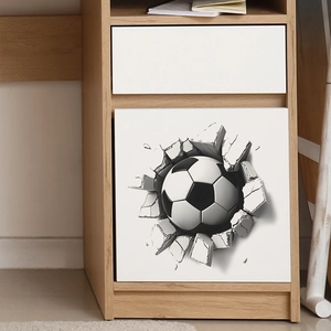 3D football wall decal with cracked wall effect on white drawer cabinet for home decoration