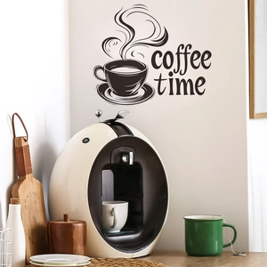 Minimalist black coffee cup wall decal with Coffee Time lettering for home decor