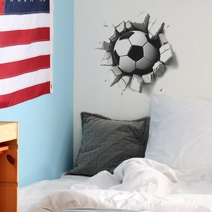 3D broken wall soccer ball sticker for bedroom decor with realistic stone cracks