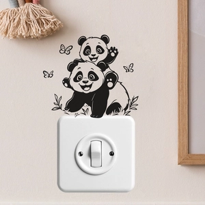 Playful panda switch wall decal featuring two stacked pandas and fluttering butterflies