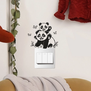 Cute panda wall sticker for light switches featuring two cartoon pandas and a butterfly