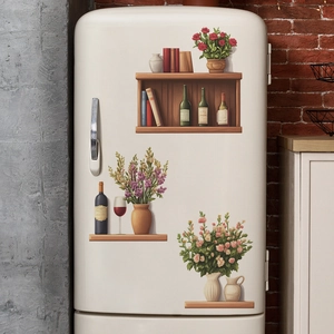 Autocollants 3D réalistes de vase et étagère sur réfrigérateur blanc vintage