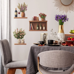 Sticker mural 3D avec vases de fleurs, bouteilles de vin et livres sur étagère bois