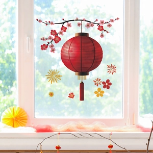 Festliche rote Lampion Wandtattoo mit Pflaumenblüten und Feuerwerk für Heimdekoration