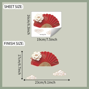 Detailed sheet showing dimensions for golden fan and cloud decorative wall stickers