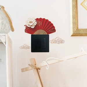 Chinese style red fan wall sticker with clouds and white flowers for light switch decor