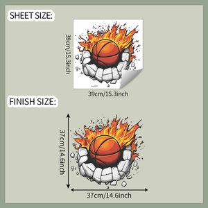 Detail view of flaming basketball wall sticker showing sheet and finish dimensions
