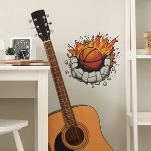 Creative flaming basketball wall sticker decor for bedroom with broken wall 3D visual effect